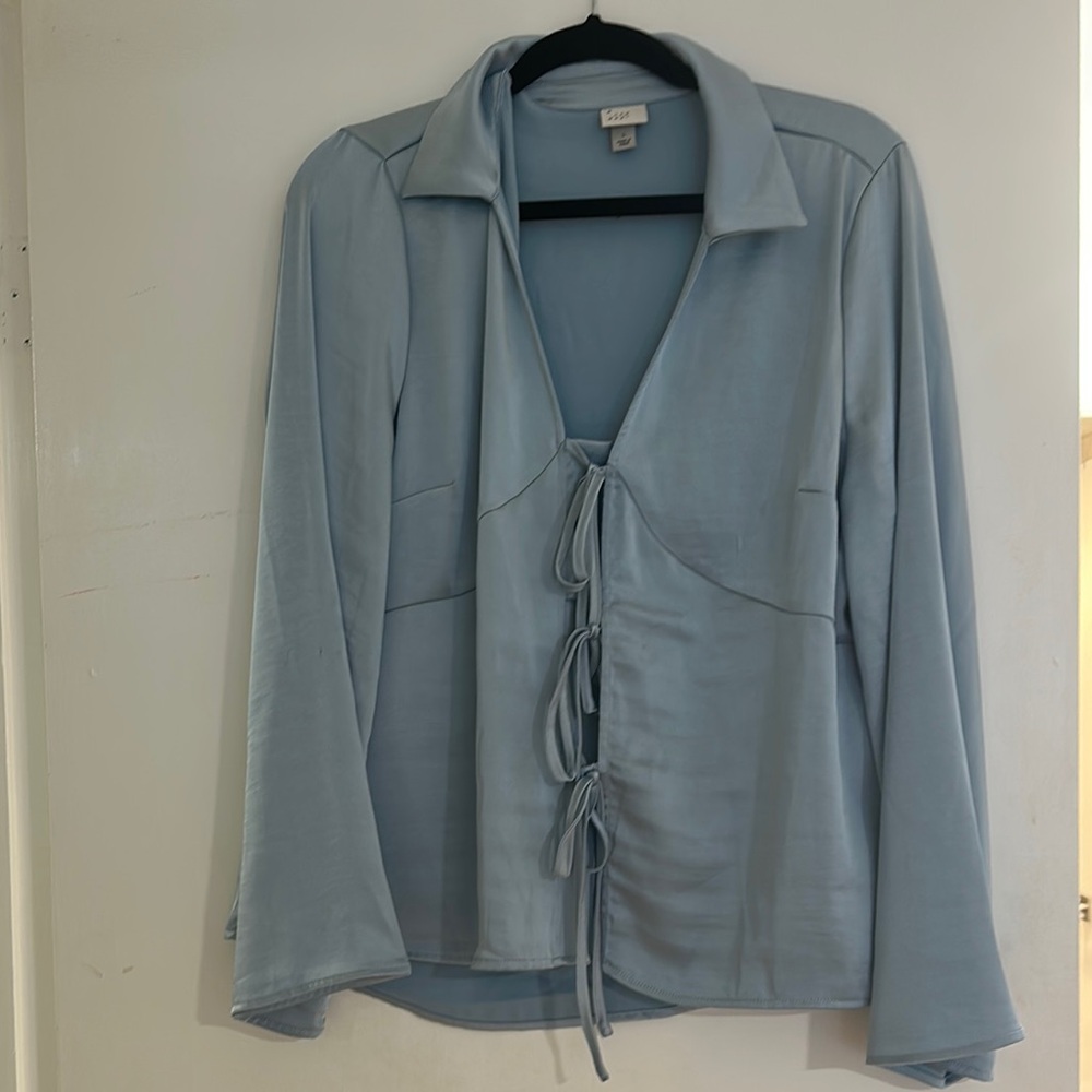 Light Blue Tie-Front Blouse